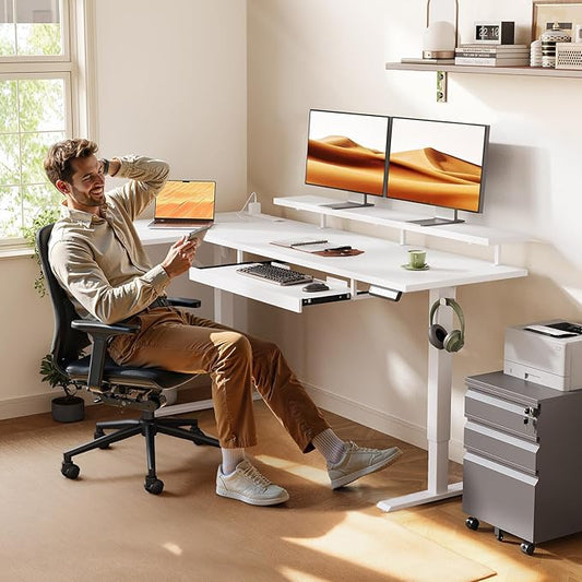 OffiGo 63 Inch L Shaped Electric Standing Desk with Keyboard Tray, Reversible Height Adjustable Corner Computer Desk with Monitor Stand, Sit Stand Up Lift Table for Home, Office, White