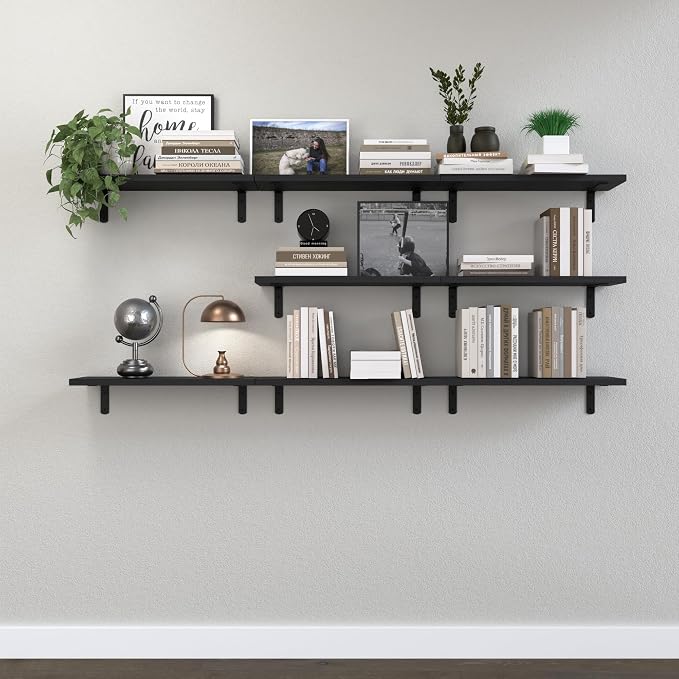 DOLLFIO Floating Shelves, 8 Sets Wooden Floating Shelves for Bedroom & Bathroom Wall Decor, Floating Book Shelf Living Room Black