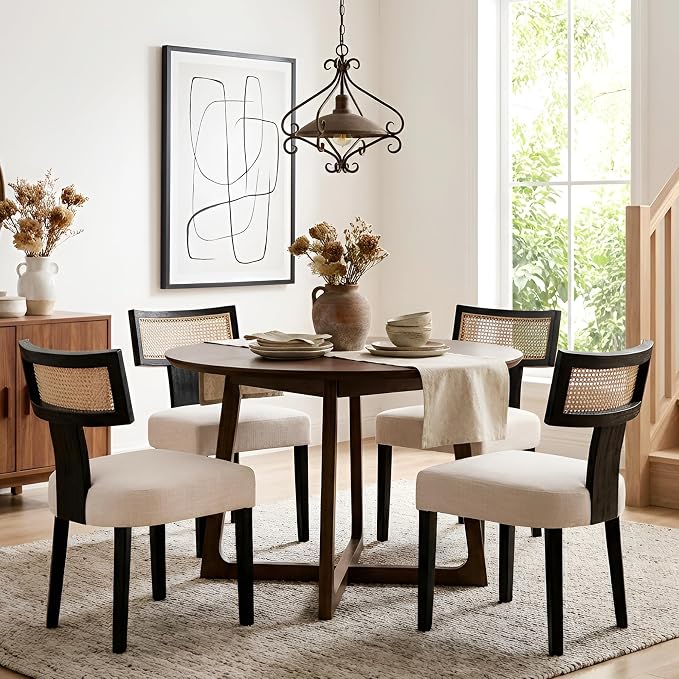 HNY Mid Century Modern Rattan Dining Chairs Set of 2, Farmhouse Linen Upholstered Accent Chair Curved Backrest Kitchen Chairs, with Black Hardwood Frame, Beige