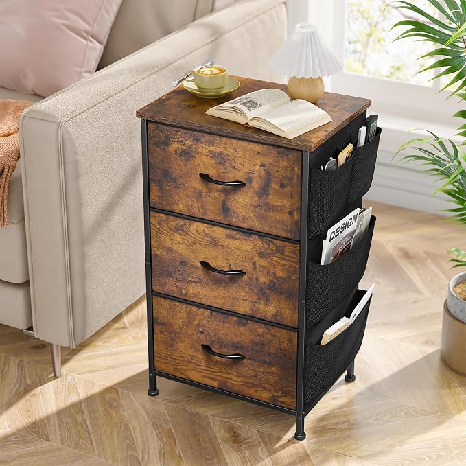 Night Stand Set 2,Night Stand with Drawers for Bedroom,Bedside Table with Wooden Top,Sturdy Steel Frame End Table,Dorm Small Nightstand for Bedroom,Entryway,Hallway,Cloth Bags,Hooks,Rustic Brown