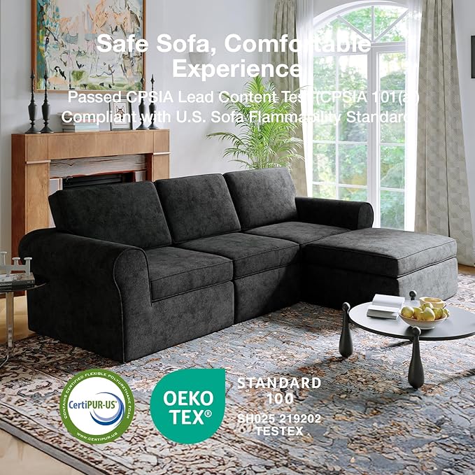 Novilla 108" Modular Sectional Sofa, Modular Sectional Couches for Living Room Bedroom, Chenille Removable Cover Cloud Couch Sectional with Smarts Coil® Support L-Shaped Couch(Dark Grey, Ottoman)