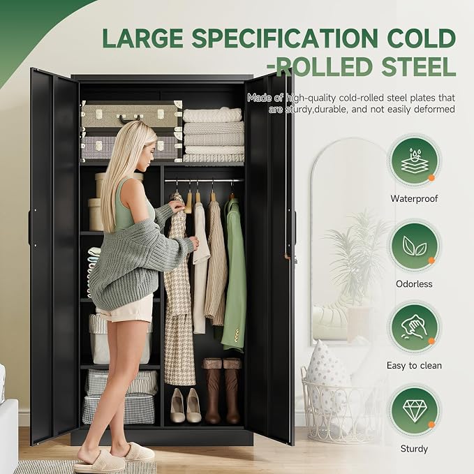 Letaya Metal Storage Cabinets Locker with Lock Door, 72'' Clothing Coat Steel Storage Freestanding Wardrobe for Office, Home, School, Employee,Gym,Fire Department (Black)