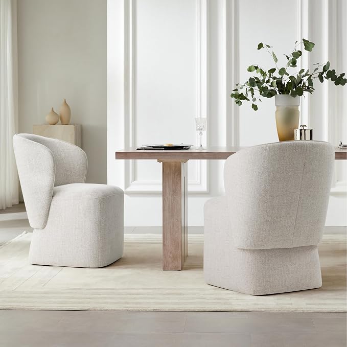 KISLOT Upholstered Dining Chairs with Wheels, No Assembly Stain Resistant Fabric Modern Barrel Armchair with Casters, Dining Room Chairs for Kitchen Living Room Bedroom, Linen, Set of 4