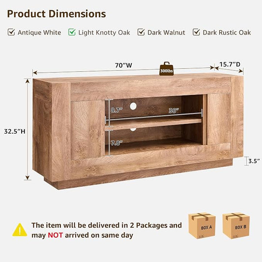 OKD Modern 70" TV Stand, Entertainment Center for TVs Up to 80", Media Console with Large Open Storage & Side Cabinets, Thick Wood Design for Living Room, Light Knotty Oak