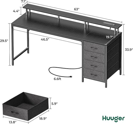 Huuger 63 Inch Computer Desk with Power Outlets and LED Lights, Gaming Desk with 4 Drawers, Office Desk with Monitor Stand, Study Desk Work Desk for Home Office, Black