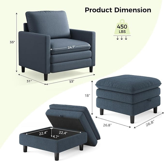 Welzona 3-Layers Cloud Accent Chair with Ottoman, 33" Comfy Reading Chair for Bedroom, Living Room, Tool-Free Assembly with Teddy Fabric Arm Chairs and Ottoman Set, Blue Grey, Removable Washable Cover