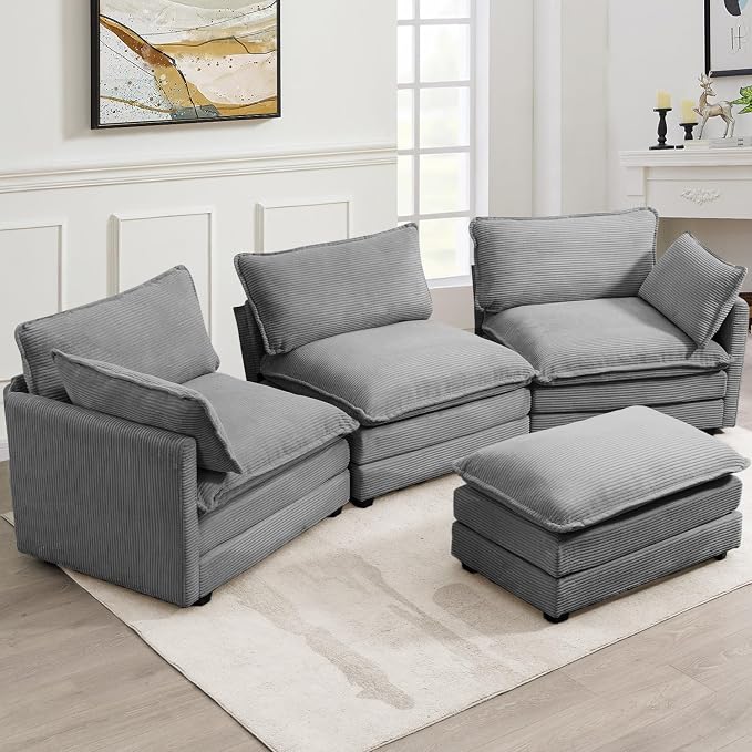 ROWHY 112'' Modular Sectional Cloud Couch with Movable Ottoman, 4 Seat Modern Corduroy Sofa with 2 Throw Pillows, Comfy Deep Seat L Shaped Couches for Living Room Bedroom Apartment, Dark Grey