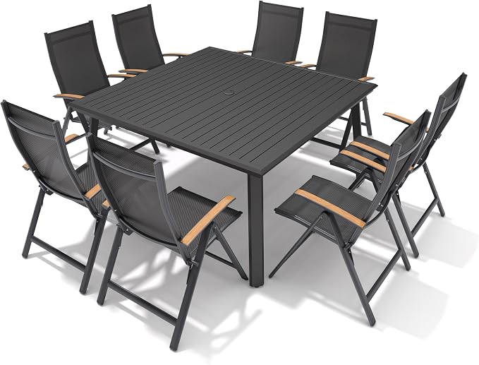 Pellebant 9 Pieces Aluminum Patio Table and Chairs Set - 57" Square Table and Foldable Chairs Outdoor Dining Set with Umbrella Hole, Weather Resistant Sturdy Frame for Deck, Porch & Backyard