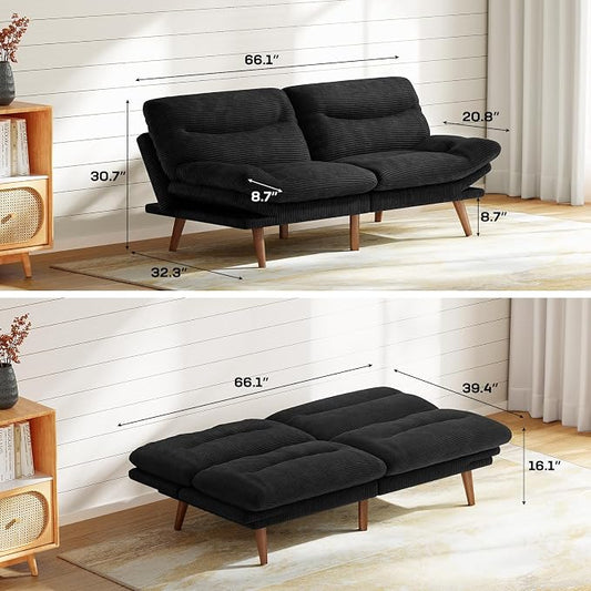 Marsail 66" Futon Sofa Bed, Convertible Corduroy Futon Couch with Adjustable Backrest & Armrests, Small Sleeper Sofa Loveseat for Living Room, Apartment, Black