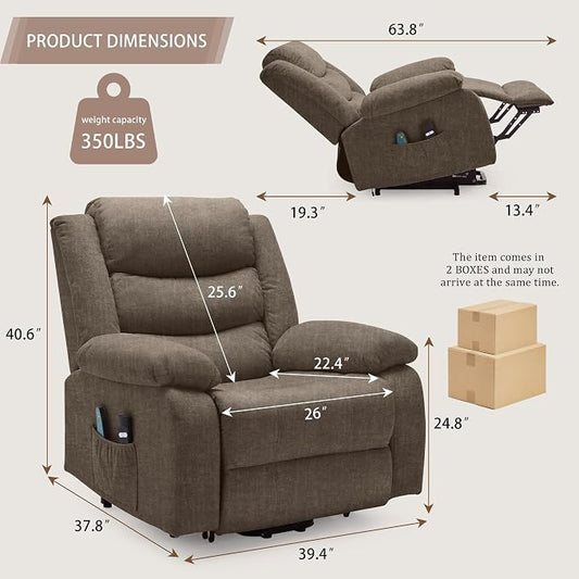 Korser Oversized Power Lift Recliner for Elderly, Electric Recliner Chairs with Massage and Heat, Extra Wide Recliner with Side Pockets, Reclining Chair for Living Room (Cashmere, Brown)