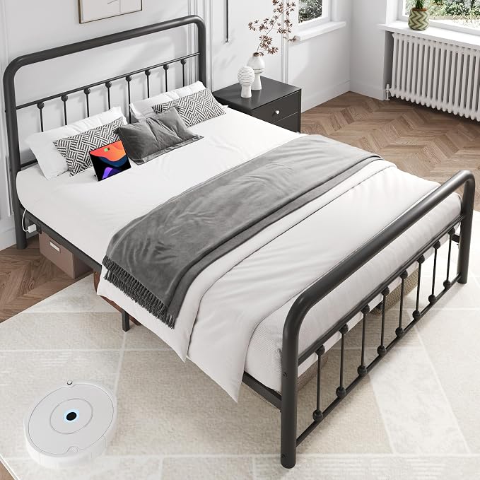 Fluest 14 Inch Queen Bed Frame Classic Metal Platform Bed Frame with Charging Station & LED, Victorian Style Iron-Art Headboard/Footboard, Under Bed Storage, No Box Spring Needed, Noise Free