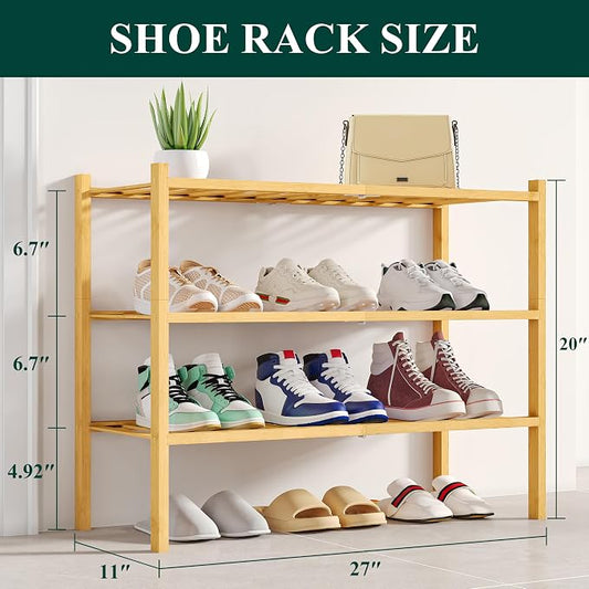 Smiry Shoe Rack, 3 Tier Bamboo Shoe Organizer, Stackable Free Standing Wooden Shoe Storage Shelf for Closet, Entryway, Front Door Entrance, Natural (Pack of 2)