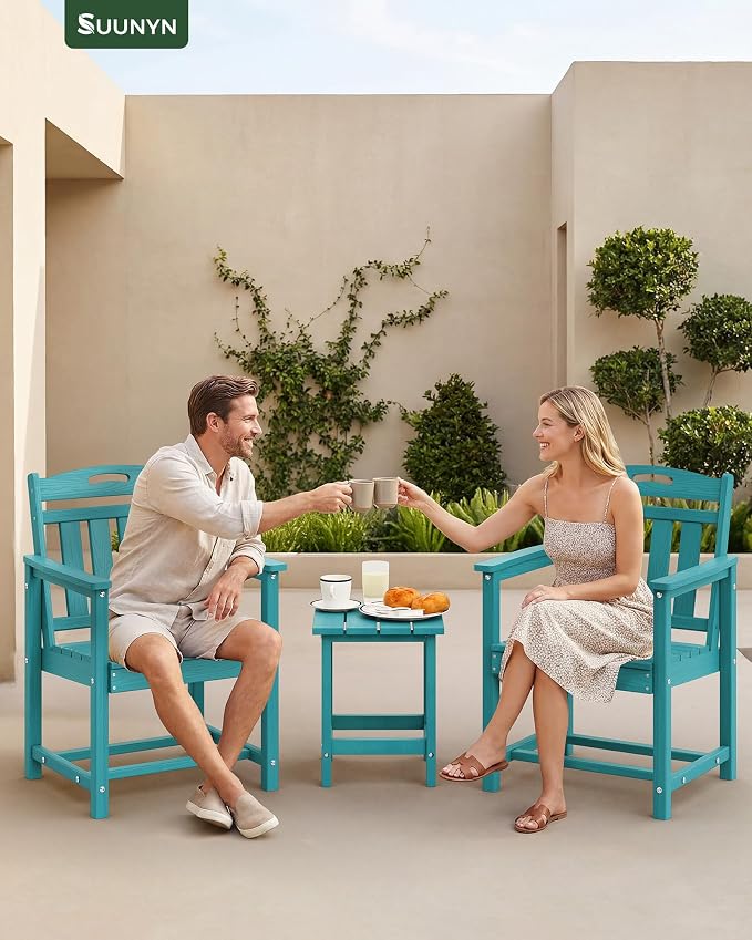 Set of 2 Weatherproof Patio Chairs - HDPE Outdoor Dining Chairs with Wide Seat, Ergonomic Design - for Garden, Backyard, Deck - Lake Blue