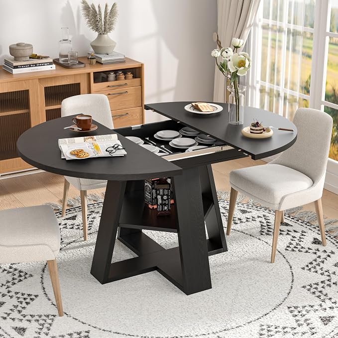 43.3in-59in Extendable Round Dining Table for 4-8,Modern Kitchen Oval Dining Table with Removable Leaves Space Saving,Wood Base with Storage Shelf for Kitchen Living Room (Black)