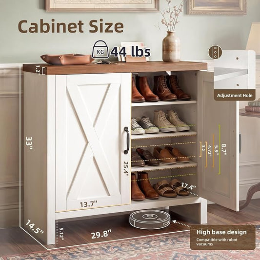 Shoe Cabinet, 4-Tier Shoe Storage Cabinets with Doors and Adjustable Shelves, Thickened Wood Freestanding for Entryway, Hallway, Closet, Organizer Rack, Walnut and White JSC004WWB