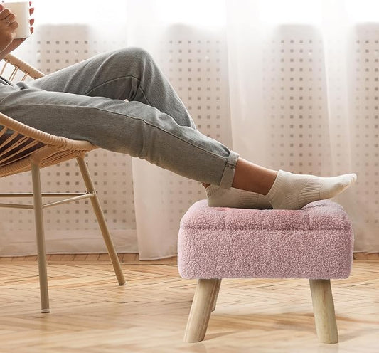OGEMXU Storage Ottoman, Small Foot Stool Ottoman with Storage, Boucle Teddy Velvet Foot Rest with Padded Seat, Sturdy Wood Legs Stool for Living Room, Bedroom, Couch, Enterway (Pink)