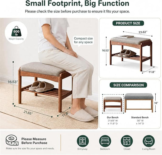 Solid Wood Shoe Bench Assembled, Shoe Rack Bench with Gray Cushion for Entryway, Living Room, Bedroom, Hallway, 11.8" x 23.6" x 16.5", Walnut