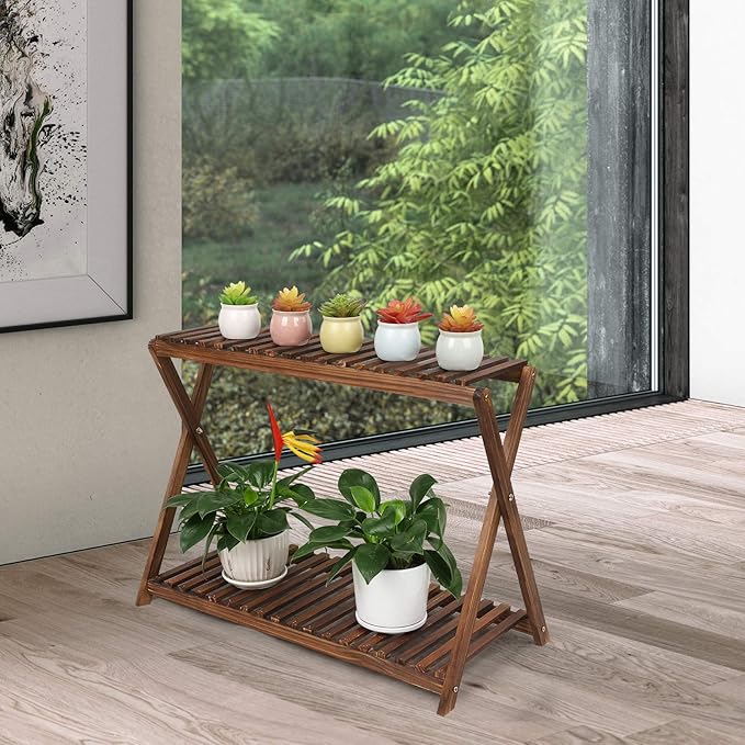 Wood Plant Stand Indoor Outdoor 2 Tier Plant Shelf Plant Table Bench Corner | Stepped Flower Display Stand Planter Shelf Holder Rack in Patio Balcony Entryway Porch Livingroom (Classic X-Cross Design)
