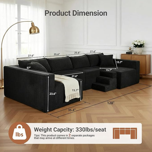 Claiks 128" Modular U Shaped Couch, Sectional Deep Seat Sofa with Pet Stair, Black