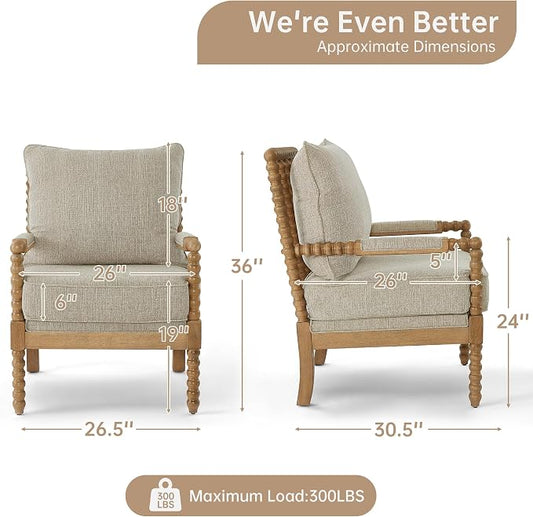 Morden Fort Linen Fabric Spindle Accent Chairs Set of 2, French Style Chairs with High Resilience Spring Cushion and Armrest Pads, Leisure Armchair for Living Room Bedroom Farmhouse Office Balcony