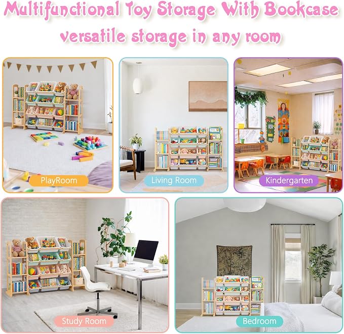 Kids Toy Storage Organizer with Bookshelf – Wooden Shelf with 12 Bins & 6 Shelves, Quick Assembly Storage Rack for Playroom, Bedroom, Nursery – Colorful