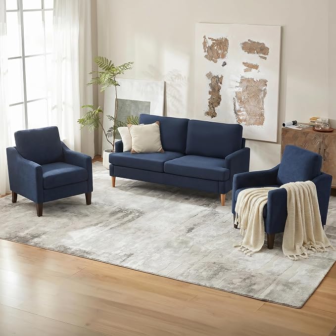 VKNOW Mid-Century Accent Chairs Set of 2, No Tools Assembly Required, Modern Upholstered Polyester Armchairs for Living Room & Bedroom, Comfortable Reading Chairs with Wood Legs, Navy Blue
