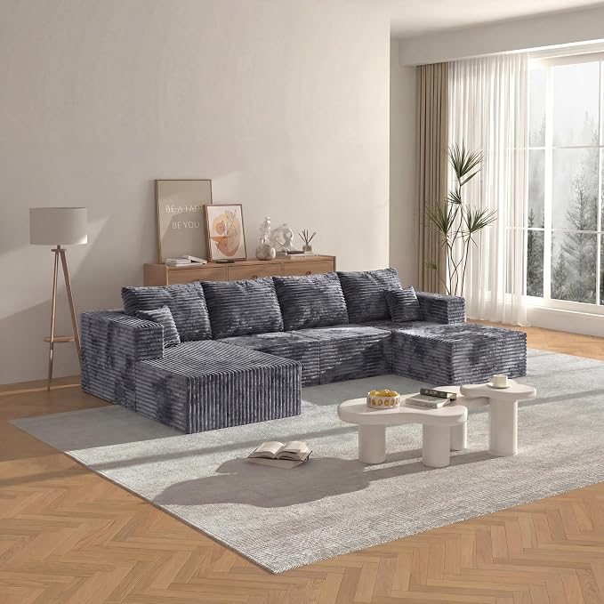 138" Modern Modular Sectional Sofa, U-Shaped Cloud Couch, Soft Corduroy Boneless Couch with 3060 High Rebound Memory Foam, Sectional Couches for Living Room-Grey(Left Facing Chaise)