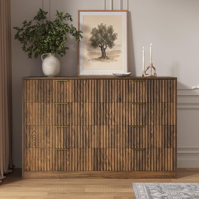 Walnut 8 Drawer Dresser for Bedroom, 55" Wide Fluted Chest of Drawers with Gold Metal Handles, Modern Wooden Dresser, Closet Storage Organizer Mid Century TV Stand for Living Room Hallway