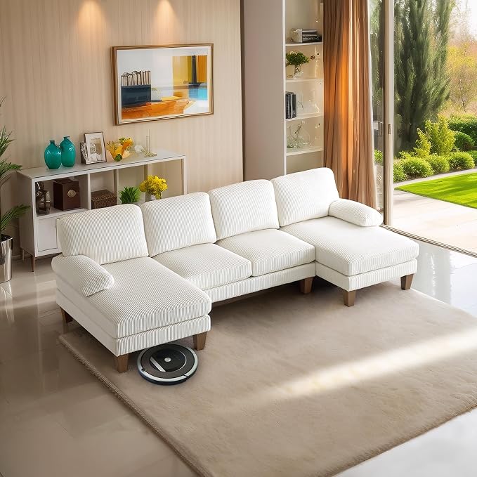 VINGLI 110' U Shaped Comfy Sectional Couch, Double Chaise Sofa in Corduroy Fabric for Apartment, 4-Seater Upholstered Couch with Memory Foam, Modern Couches for Living Room, Small Space, Beige