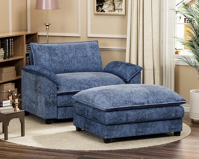 Homall 40" Modular Sectional Sofa, Single Sofa Couch with Reversible Ottoman, DIY Combination Chenille Deep 1-Seat Cloud Couch for Living Room, Apartment (Dark Blue, Single Sofa Chair)
