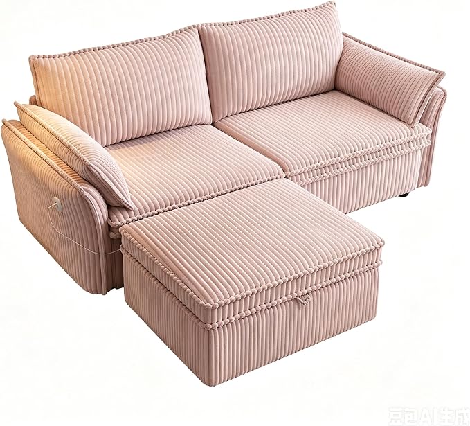85" Pull Out Sofa Bed Full Size, Pre-Assembled Corduroy Sleeper Sofa, Convertible Loveseat Futon Couch with Storage Ottoman, USB, Pillows, for Apartment, Living Room, Small Spaces, Pink