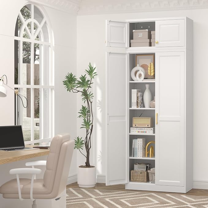 UNICOLY 86.61" H Kitchen Pantry Cabinet, Tall Storage Cabinet with Doors and 4 Shelves, Metal Storage Cabinets for Kitchens, Living Room, Dinning Room, Assembly Required, White