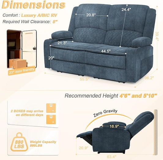 RV Loveseat Recliner Wall Hugger, Manual RV Reclining Loveseat with Removable Armrest, 3X Adjustable Theater Wall Hugger Loveseat Recliners with USB Ports, Cup Holders, Multi-Storage (Fabric,Blue)