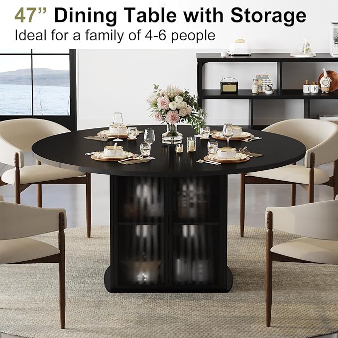 IBF Black Round Dining Table for 4-6, 47" Kitchen Table with Fridge Space, Modern Dining Room Tables with Storage, Industrial Wood Dinner Tables for Home Kitchen Living Room, Black Oak, Only Table