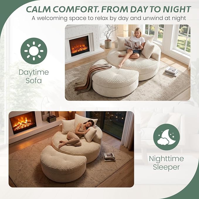 Oversized Round Chaise Lounge Chair, Deep Seat Cloud Boneless Floor Sofa Couch, Upholstered Corduroy Sleeper with 3 Pillows & Optional Ottoman, No Assembly Modern Lazy Floor Lounger for Living Room