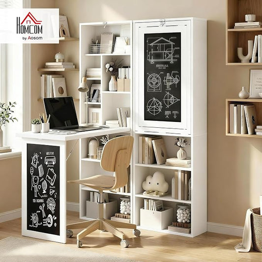 HOMCOM Foldable Convertible Writing Table, Wall Mounted Space-Saving Computer Desk with Chalkboard and Storage Shelves for Small Spaces, Home Office, Bedroom, Dorm, Apartment, White