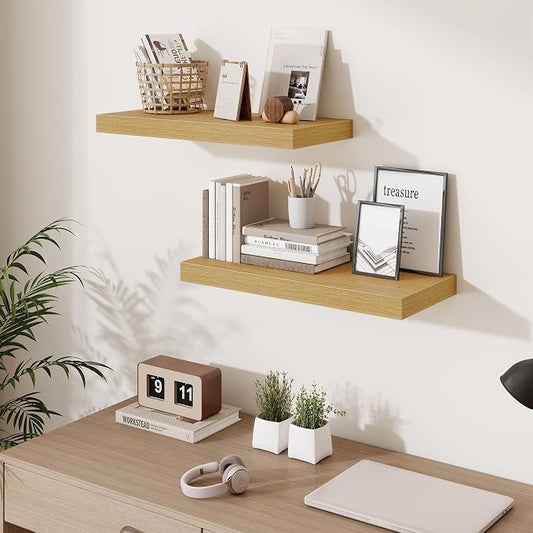 Fun Memories 24 x 10 Floating Shelves Wall-Mounted - Rustic Wood Shelf - 10 Inch Deep Floating Shelves for Wall - Large Storage Shelf for Bathroom - Kitchen & Bedroom - Oak - Set of 3