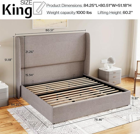 Jocisland King Size Upholstered Platform Bed Frame with Hydraulic Lift Storage, Wingback Headboard, Wood Slats Support, No Box Spring Needed, Linen Light Grey