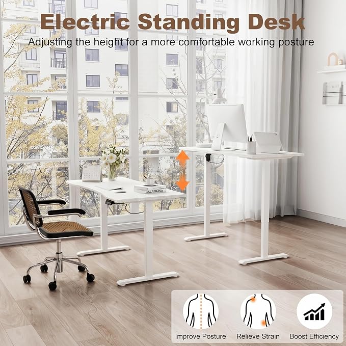Solid Wood Electric Standing Desk 55"x23.6"Home Office Desk,Adjustable Workbench with 3 Stages Single Motor, Computer Workstation with T-Shaped Metal Bracket,White Standing Desk for Gaming(1 Box)