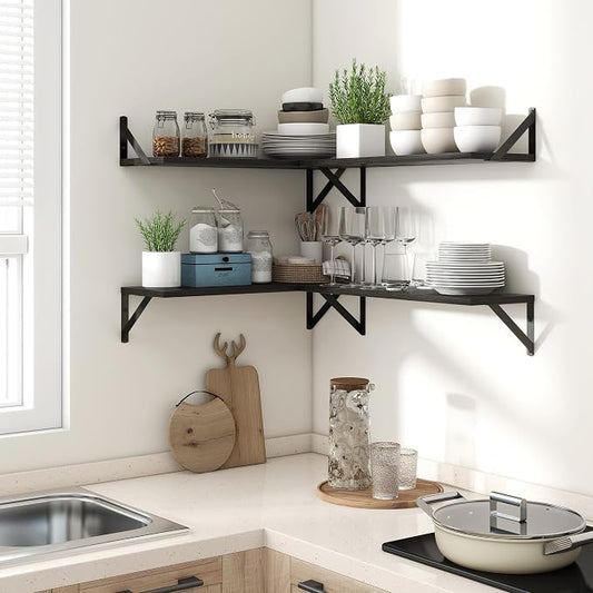Axeman 24 Inch Floating Shelves | 8 Inch Deep Black Wall Shelves Set of 2 | 24''W x 8''D Rustic Black Wood Shelves for Bathroom Kitchen Living Room Bookshelf Home Office