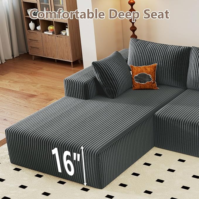 95" Cloud Sectional Couch U-Shaped Chaise with Ottoman, Corduroy Boneless Couch for Living Room Bedroom, Deep-Seat Upholstered Modular Cloud Sofa, No Assembly Required (Grey, Left Facing Chaise)