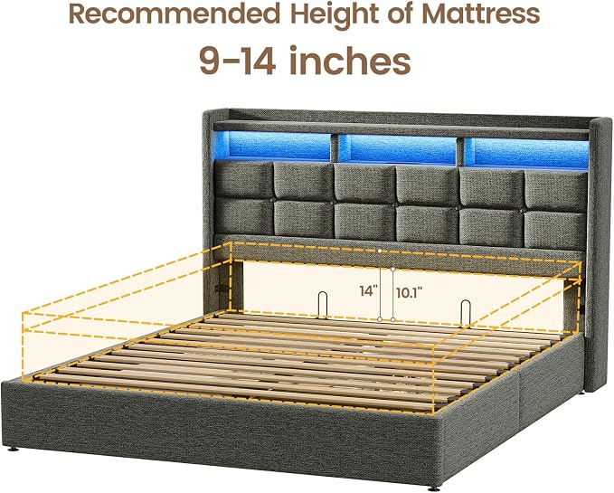 Driftalia Lift Up Queen Bed Frame with Storage, Upholstered Bed Frame Queen Size with LED Lights Headboard and Charging Station, No Box Spring Needed, Easy Assembly - Dark Grey