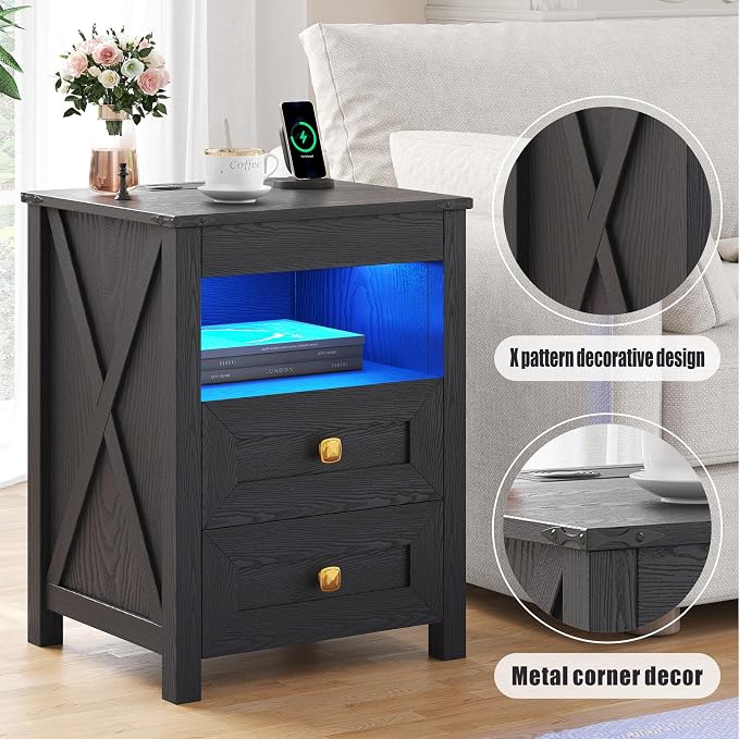 TAGELIER Night Stand Set 2 with Gun Drawer, Farmhouse Bedside Table with Charging Station, Gun Nightstand with LED Light & Human Sensor, Smart End Table for Bedroom, Black