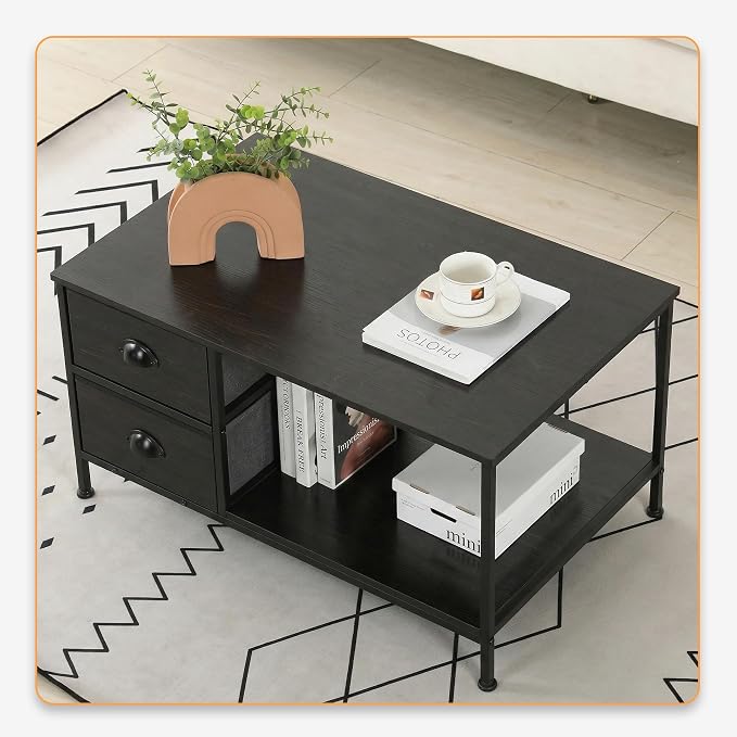 SENIG Coffee Table with Drawers, Coffee Table for Living Room, 2-Tier Coffee Tables with Storage Drawers,Oak Coffee Tables for Small Spaces, Rectangle Wood Table, Metal Side End Table