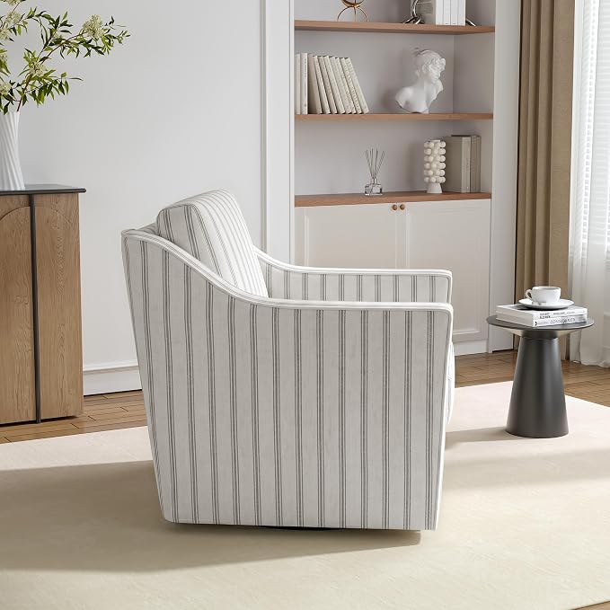 Swivel Accent Chairs Set of 2, 360° Swivel Upholstered Club Armchairs for Living Room, Comfy Reading Chair with Deep Seat, Metal Swivel Base, Pinstripe Light Gray