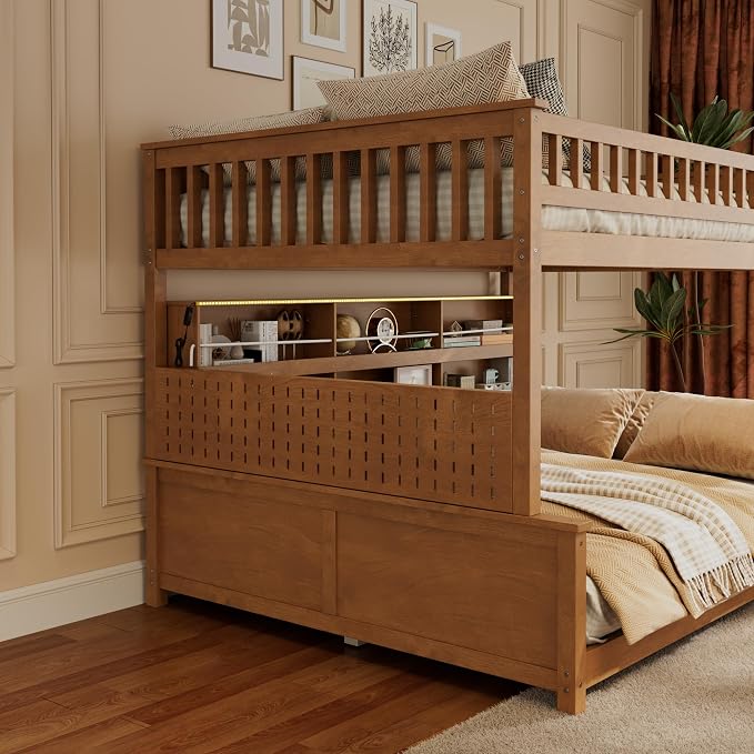 Merax Full Over Queen Bunk Bed,Wood bunk Bed with LED,Bed with Integrated Shelving, Color-Changing Lights and Pegboard, Full XL Over Queen, Brown