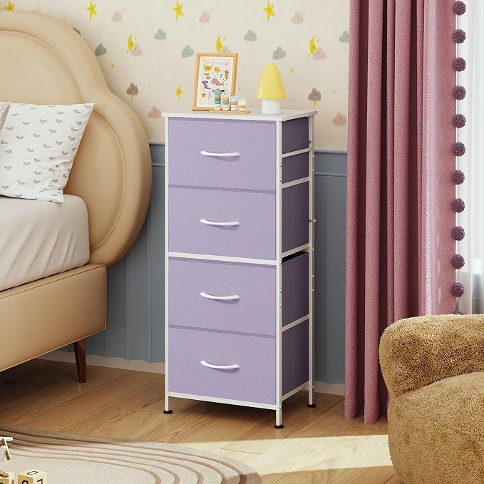 WLIVE Dresser with 4 Drawers, Storage Tower, Organizer Unit, Fabric Dresser for Bedroom, Hallway, Entryway, Closets, Sturdy Steel Frame, Wood Top, Easy Pull Handle, Purple