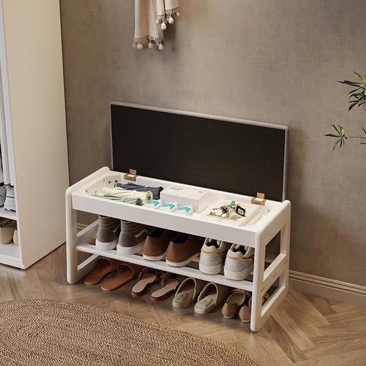 AQIMUELE Shoe Rack Bench,2 Tiers Shoe Bench with Storage with Flip-Top,Wood Shoe Rack for Entryway,Hallway(White Upholstered Seat,11.8" D x 31.5" W x 15.7" H)