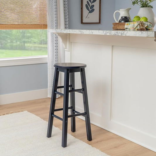 Linon Zeke Navy Blue Solid Wood Backless Round Barstool with 29 inch Seat Height
