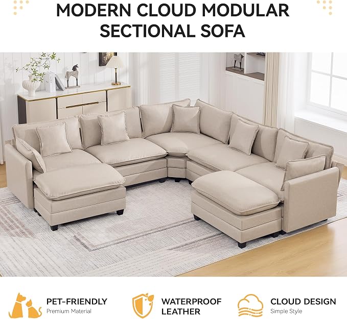 137'' V Shaped Cloud Sectional Sofa, Oversized Deep Seat Leather Couches for Living Room, Comfy Upholstered Modular Sectional Sofa Couch with 2 Movable Ottoman, Leather Beige